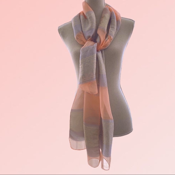 Pink Peach Sheer Silver Stripe Silk Scarf Wrap Shawl Silk Blend - Picture 6 of 6